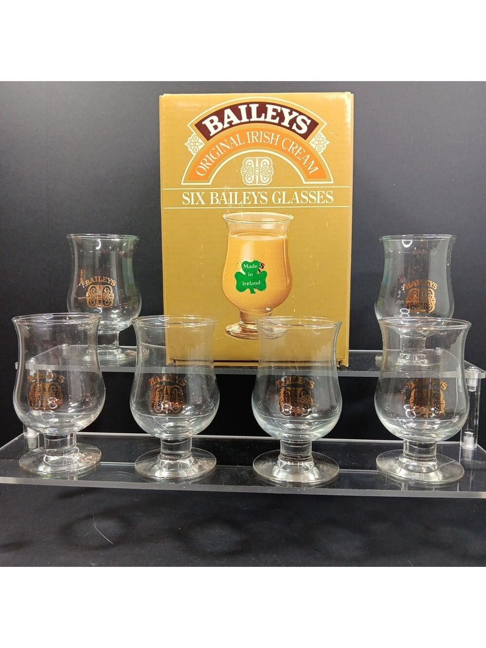 Box Of 6 Baileys Liquor Or Shot Glasses Made In Ireland With Original Box VTG